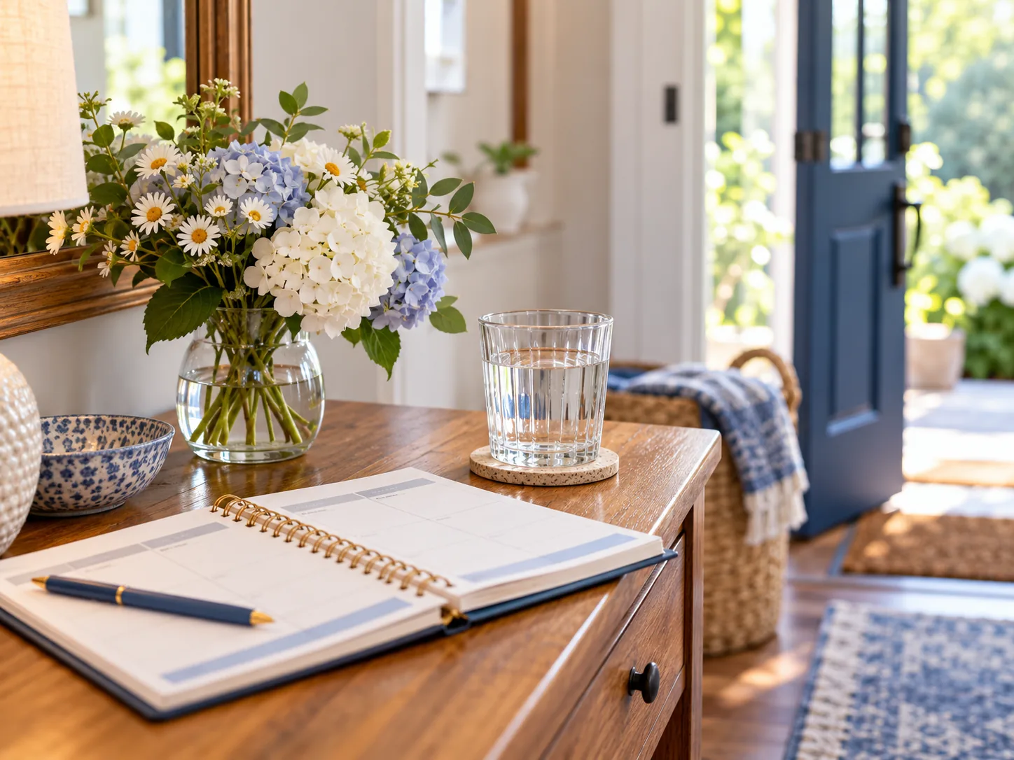 A welcoming entry table with flowers, water, and a weekly planner.
